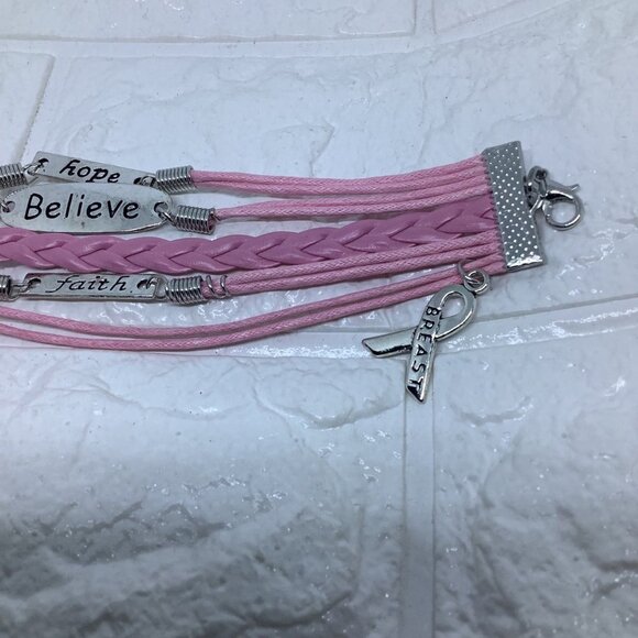 Pink Ribbon Breast Cancer Awareness FAITH BELIEVE HOPE Leather Braided Bracelet - Picture 3 of 6